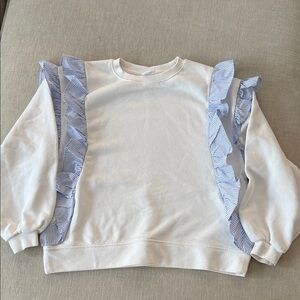 Zara White Sweatshirt with Blue Ruffles